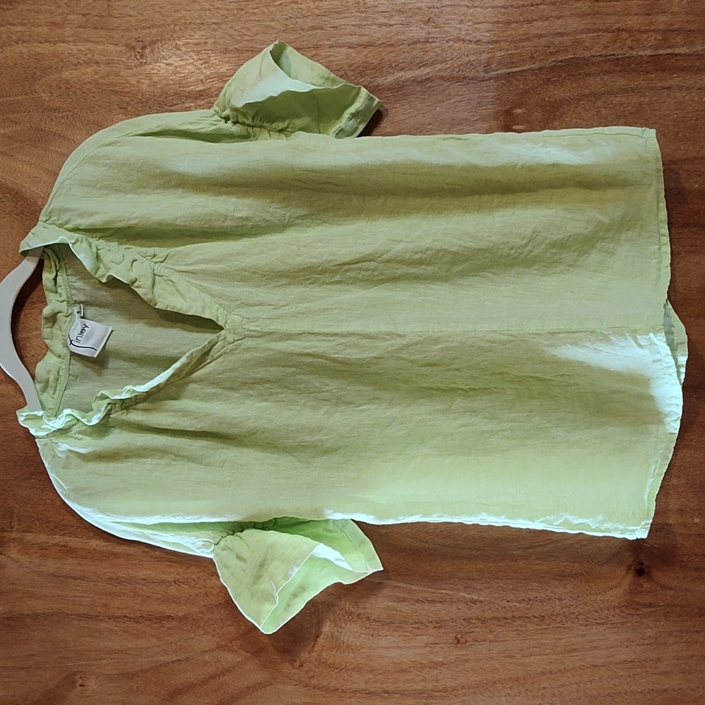 Finley Crosby Split Neck Blouse Key Lime Ruffle Bell Sleeve Linen Made In USA S